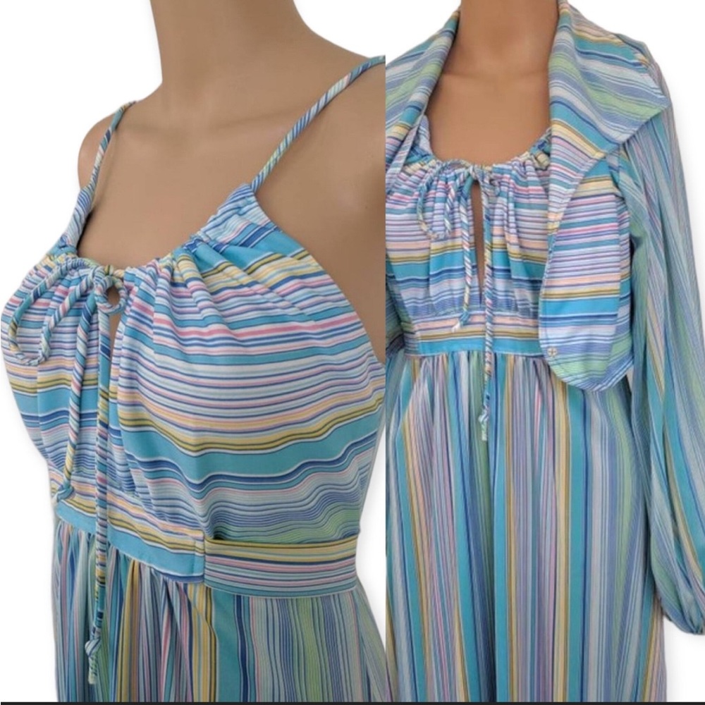 70s Striped Sleeveless Maxi Dress with Jacket Mod Hippie Print Summer Vintage S